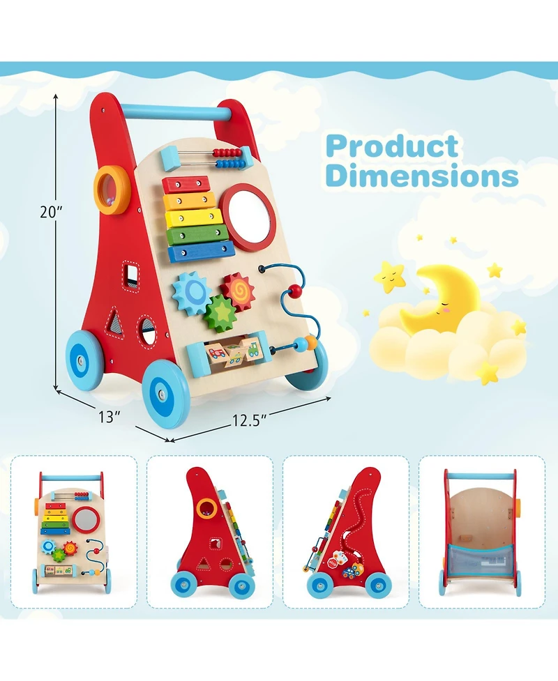 Gymax Wooden Baby Walker Baby Push Walker w/ Handle Storage & Wheels Walker Toy
