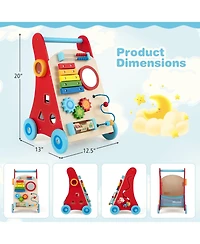 Gymax Wooden Baby Walker Baby Push Walker w/ Handle Storage & Wheels Walker Toy