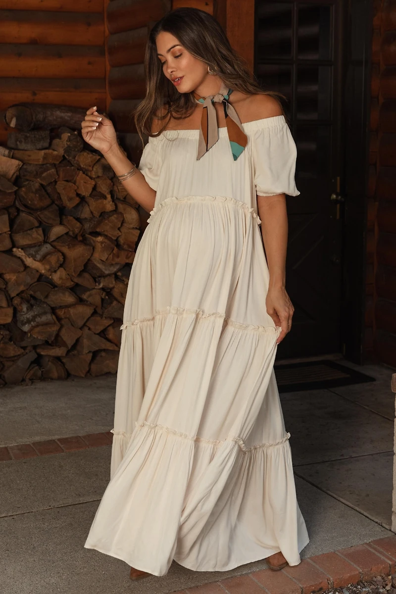 Pinkblush Cream Off Shoulder Ruffle Tiered Maternity Maxi Dress
