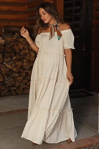 Pinkblush Cream Off Shoulder Ruffle Tiered Maternity Maxi Dress
