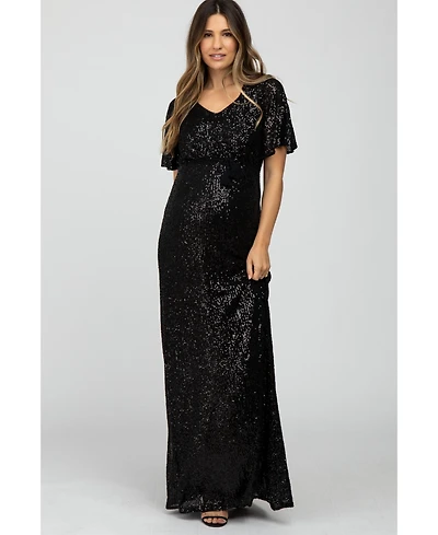 Pinkblush Maternity Black Sequin Short Sleeve Maxi Dress