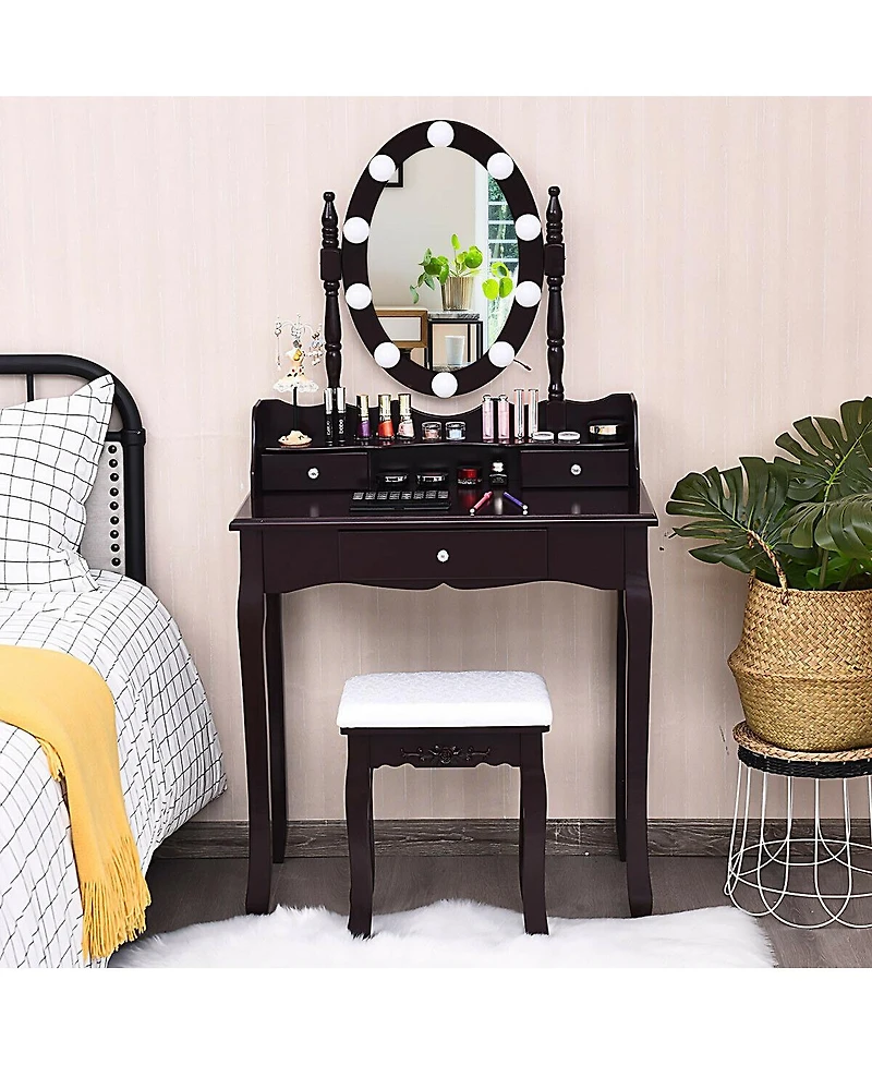 Oval Mirror Vanity Set with 10 Led Dimmable Bulbs and 3 Drawers