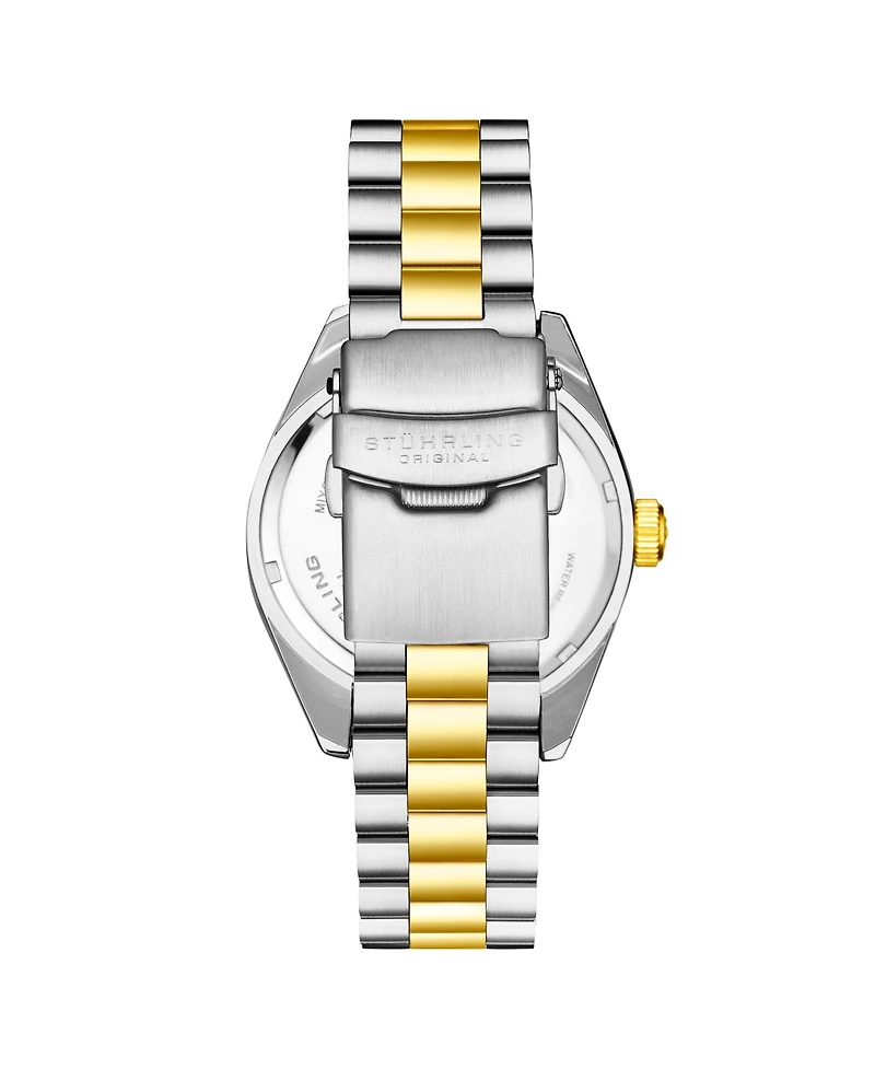 Stuhrling Statesman 4070 Men s Watch – Two-Tone Bracelet, Silver Dial, Day-Date Quartz, 42mm Fluted Bezel