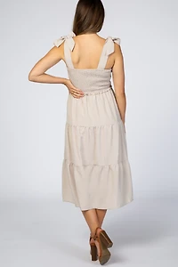 Pinkblush Maternity Beige Bow Strap Tiered Midi Dress