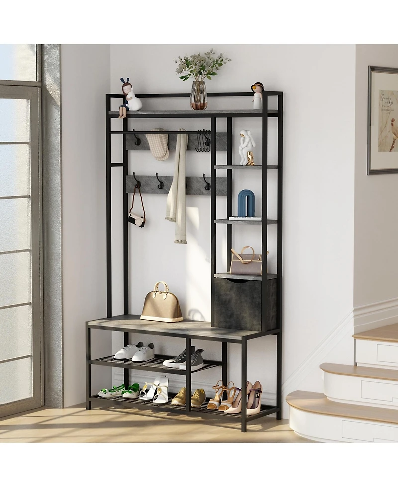 gaomon Hall Tree with Storage Bench - 41.34 In Freestanding Entryway Bench with Coat Rack, 5-In-1 Intelligent Design Featuring Shoe Storage