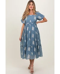 Pinkblush Maternity Blue Floral Print Ruffle Hem Midi Dress