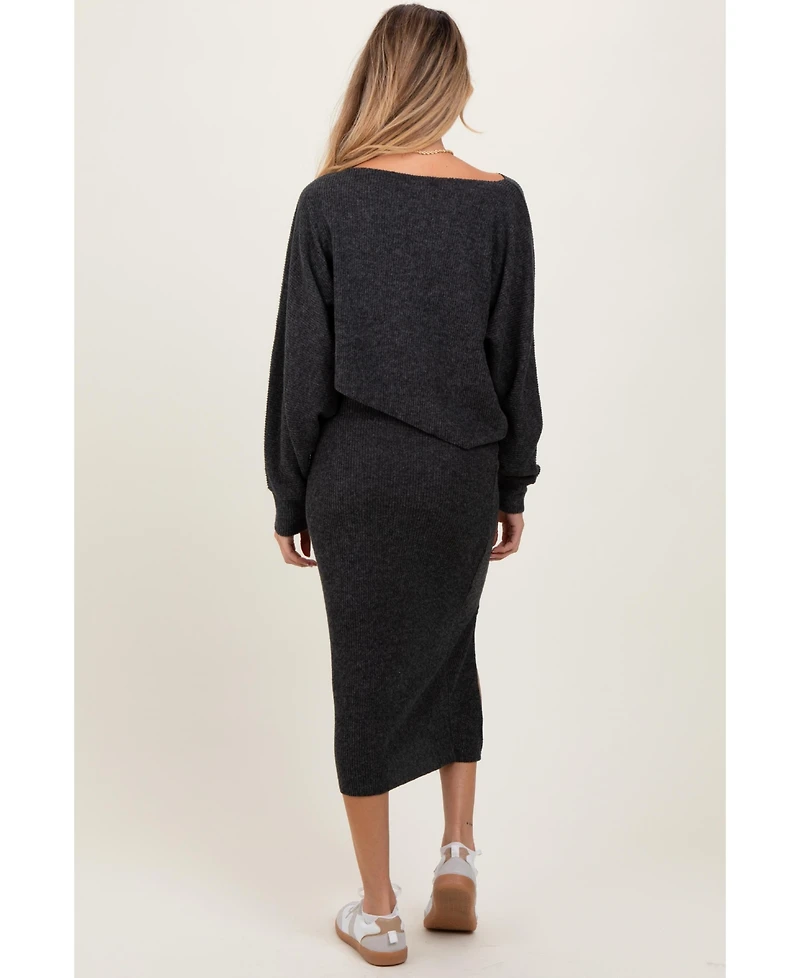 Pinkblush Maternity Charcoal Ribbed Knit Asymmetric Top Midi Skirt Set