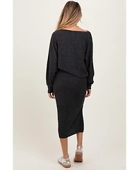 Pinkblush Maternity Charcoal Ribbed Knit Asymmetric Top Midi Skirt Set