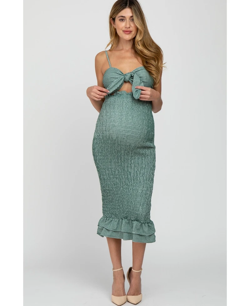 Pinkblush Women's Green Gingham Print Smocked Fitted Self-Tie Maternity Midi Dress