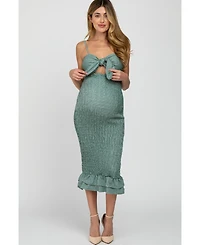 Pinkblush Women's Green Gingham Print Smocked Fitted Self-Tie Maternity Midi Dress