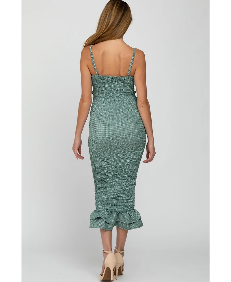 Pinkblush Women's Green Gingham Print Smocked Fitted Self-Tie Maternity Midi Dress