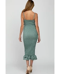 Pinkblush Women's Green Gingham Print Smocked Fitted Self-Tie Maternity Midi Dress