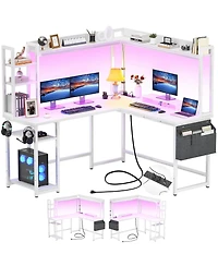 Aheaplus L-Shaped Desk with Hutch & Power Outlet, Corner Computer Led Lights
