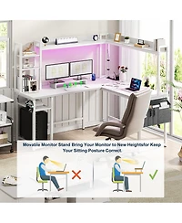 Aheaplus L-Shaped Desk with Hutch & Power Outlet, Corner Computer Led Lights