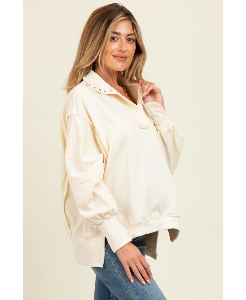 Pinkblush Maternity Cream Snap Button Pullover Henley Sweatshirt