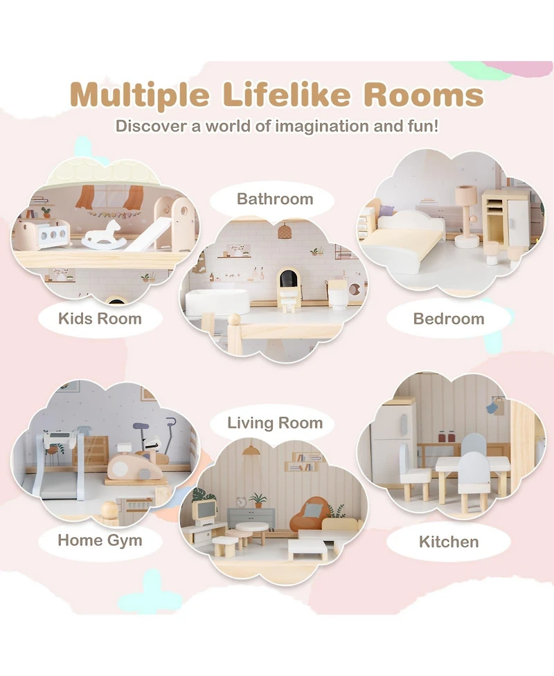Wooden Dollhouse Kids Diy Pretend Playhouse with 33 Pcs Furniture Accessories