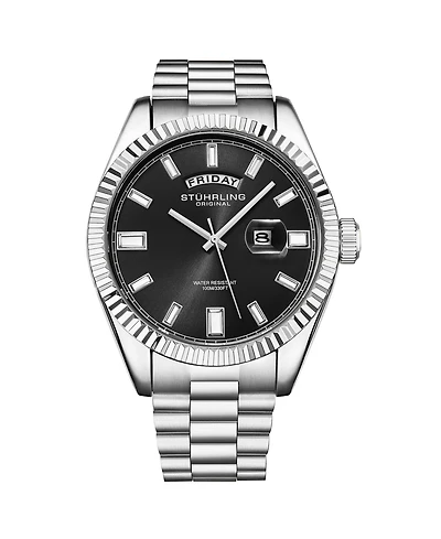 Stuhrling Statesman 4070 Men s Watch – Stainless Steel Bracelet, Black Dial, Day-Date Quartz, 42mm Fluted Bezel