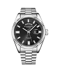Stuhrling Statesman 4070 Men s Watch – Stainless Steel Bracelet, Black Dial, Day-Date Quartz, 42mm Fluted Bezel
