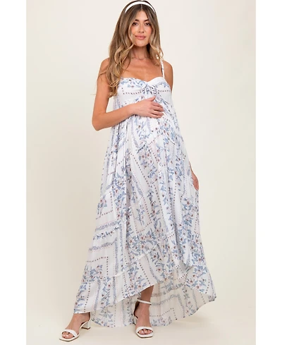 Pinkblush Light Blue Hi-Lo Spaghetti Strap Patchwork Ruffle Maternity Maxi Dress