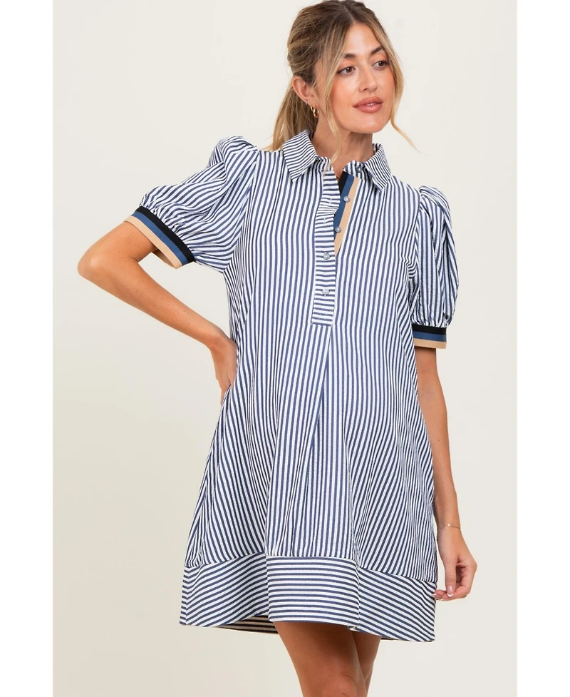 Pinkblush Maternity Navy Blue Striped Puff Sleeve Mini Shirt Dress