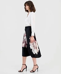 Anne Klein Womens V Neck Button Front Blouse Printed Pleated Midi Skirt