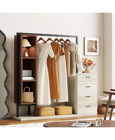Clothes Rack with 4 Wooden Drawers and Hanging Rack, White and Red