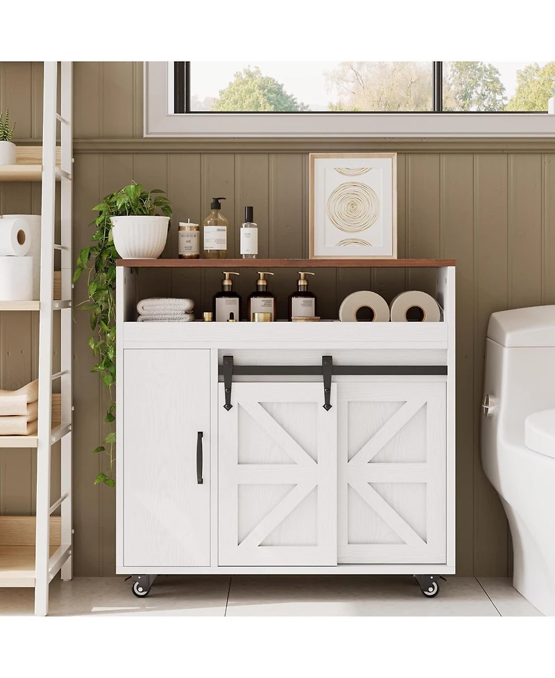 Toilet Paper Cabinet with Rolling Wheels, Paper Holes, White/Walnut