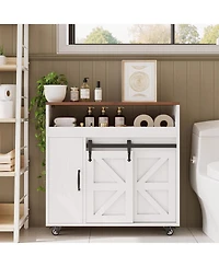 Toilet Paper Cabinet with Rolling Wheels, Paper Holes, White/Walnut