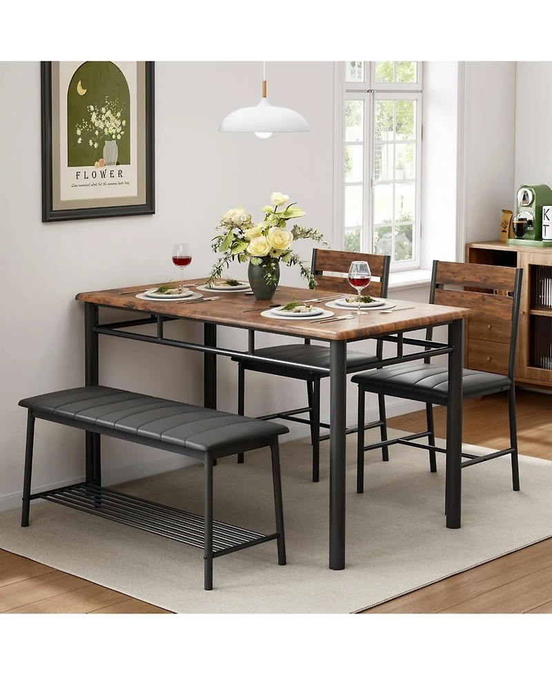 Ironck Dining Table Set for 4 with Upholstered Bench and 2 Chairs, Brown