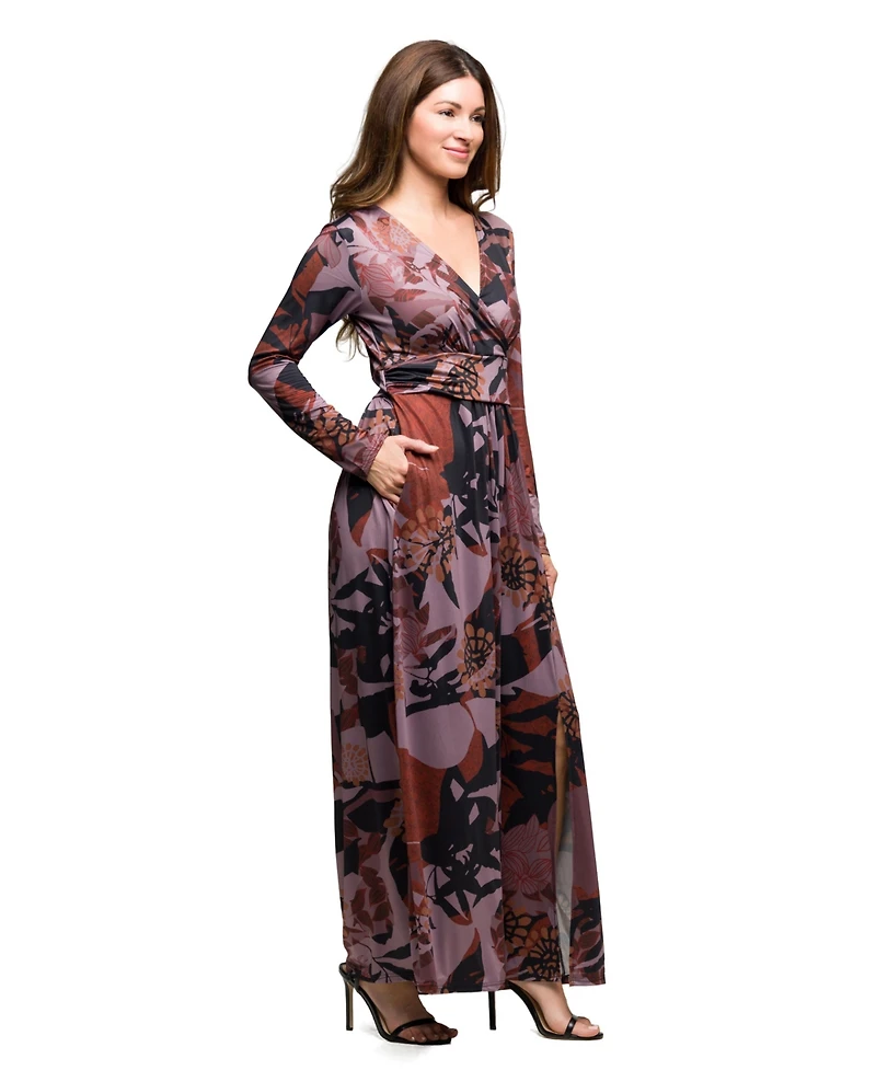 24seven Comfort Apparel Women's Gray Floral Print Long Sleeve Wrap Maxi Dress