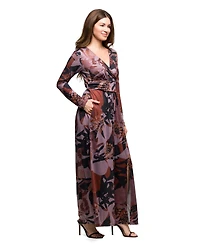 24seven Comfort Apparel Women's Gray Floral Print Long Sleeve Wrap Maxi Dress
