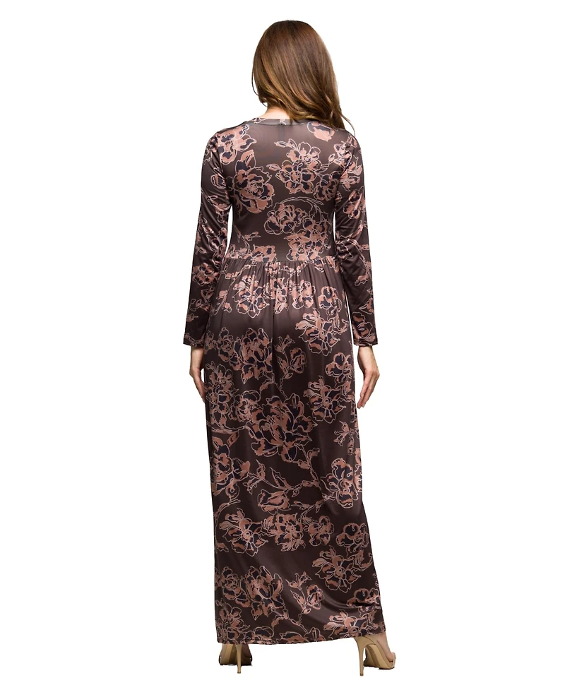 24seven Comfort Apparel Women's Brown Blush Floral Long Sleeve Dress