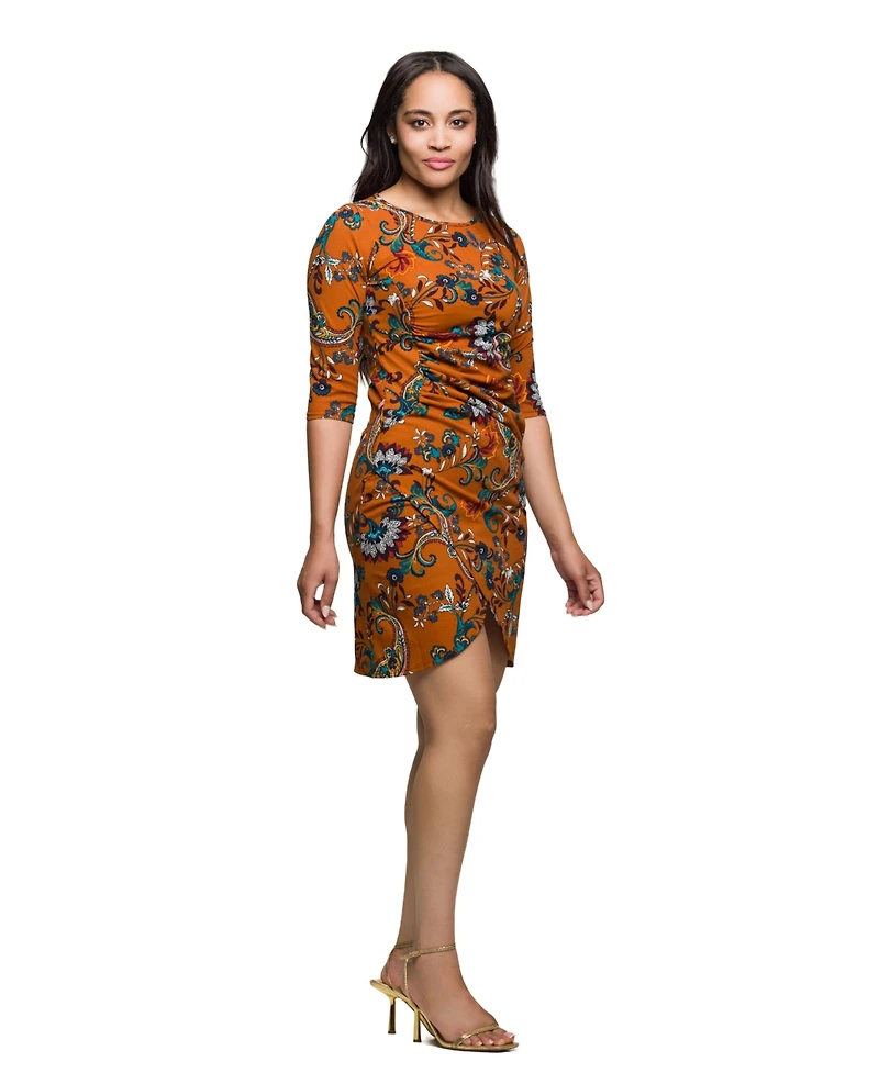 24seven Comfort Apparel Women's Elbow Sleeve Ruched Tulip Fall Print Mini Dress