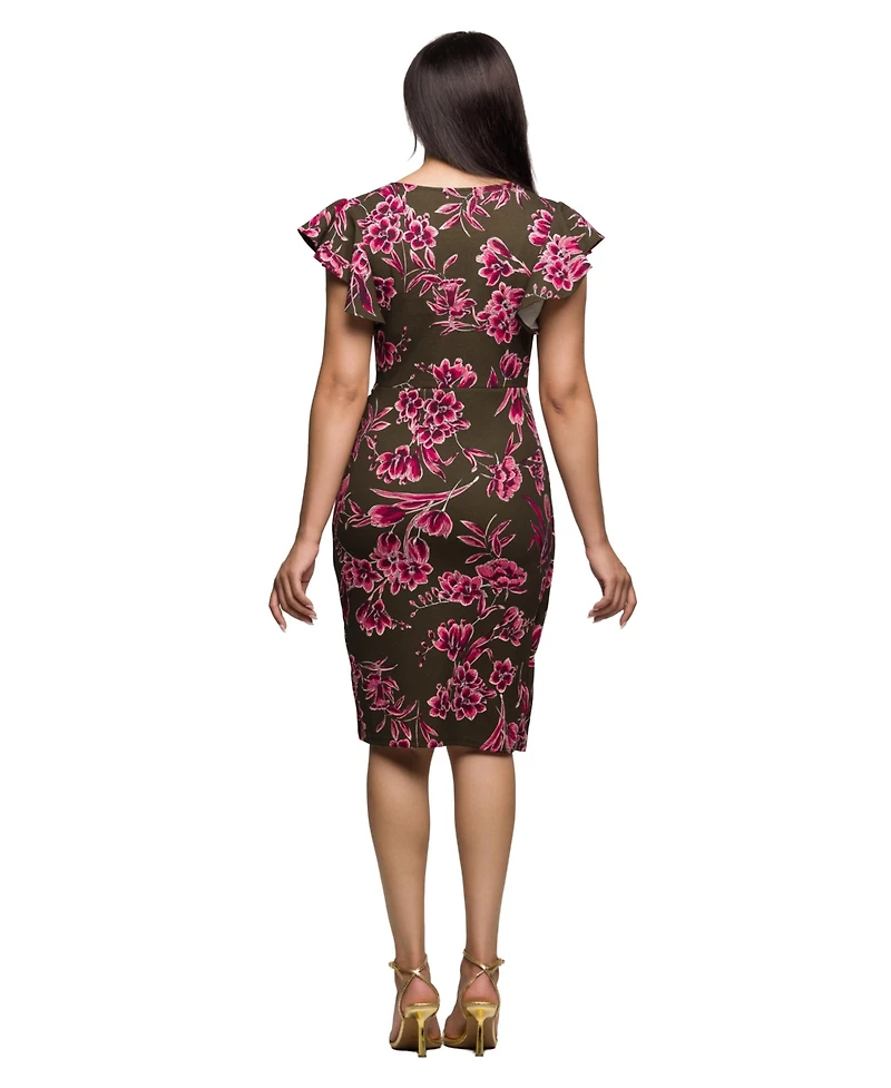 24seven Comfort Apparel Women's Brown and Pink Floral Flutter Sleeve Wrap Dress