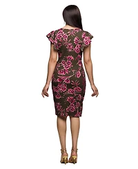 24seven Comfort Apparel Women's Brown and Pink Floral Flutter Sleeve Wrap Dress