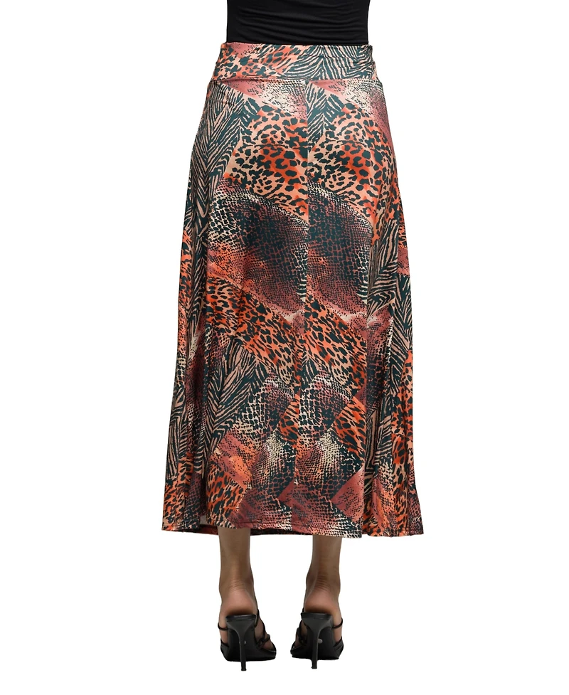 24seven Comfort Apparel Women's Brown Animal Patchwork Print Maxi Skirt