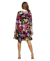 24seven Comfort Apparel Women's Black Multicolor Floral Fit and Flare Pocket Knee Length Dress