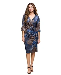 24seven Comfort Apparel Women's Three Quarter Sleeve Faux Wrap Dress