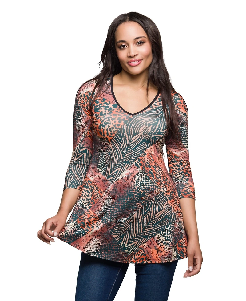 24seven Comfort Apparel Women's Animal Print V Neck Three Quarter Sleeve Tunic Top