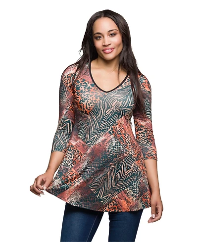 24seven Comfort Apparel Women's Animal Print V Neck Three Quarter Sleeve Tunic Top