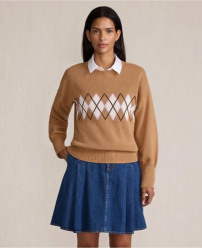 Lands' End Women's Cotton Drifter Argyle Crew Neck Sweater
