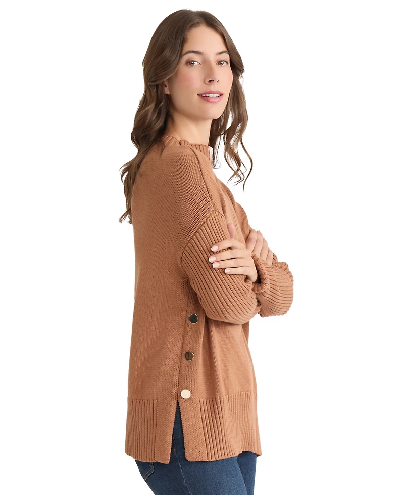 Jones New York Women's Side Seam Button Mock Neck Sweater