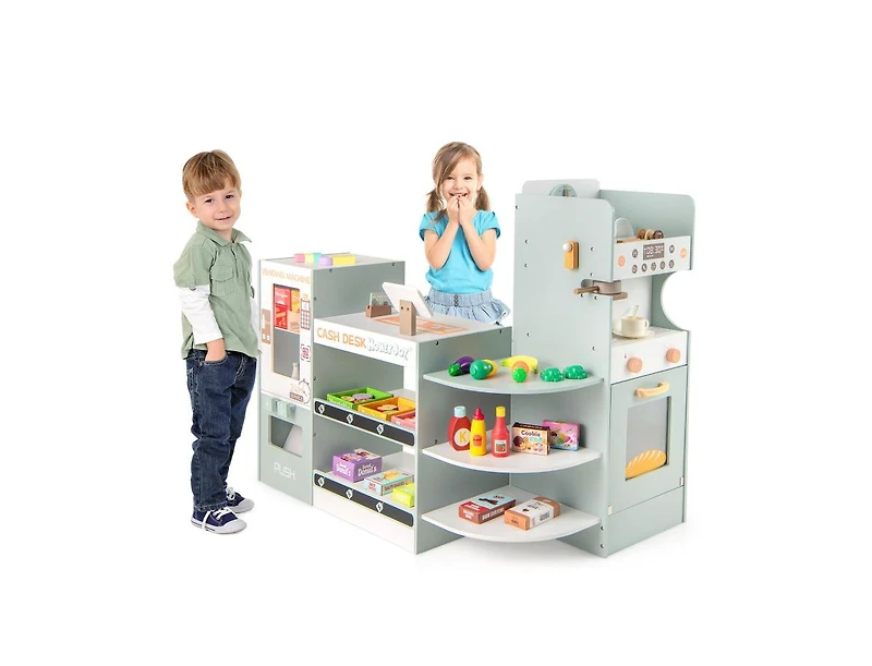 Akiudex Kids Wooden Grocery Store Playset with Cafe Playing and Vending Machine