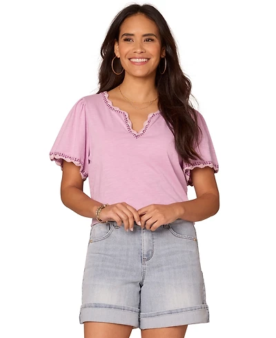 Democracy Women's Petite Crochet Split V-Neck Top