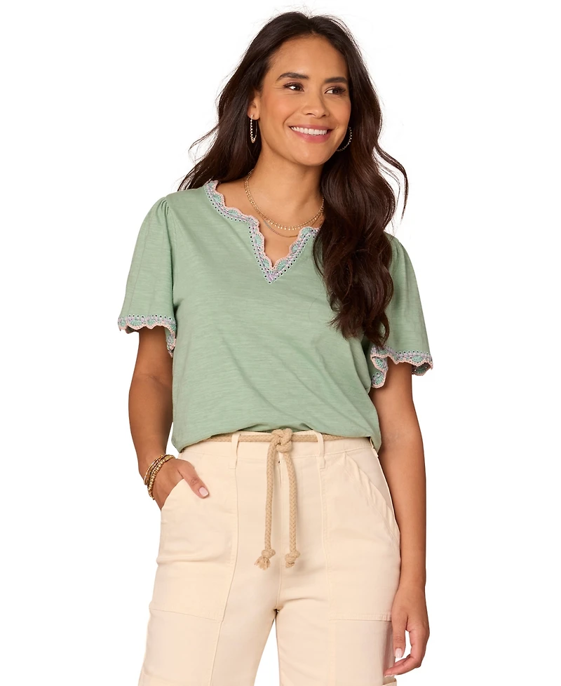 Democracy Women's Petite Crochet Split V-Neck Top