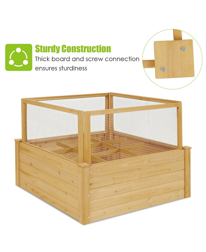 Gymax Raised Garden Bed Guard Fence Wooden Garden Box with 9 Grids & Critter
