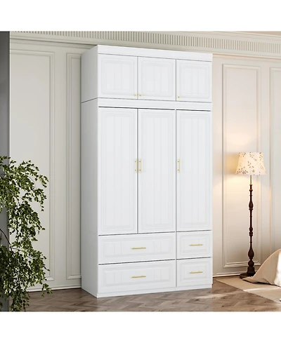 Famapy White 6-Door Big Wardrobe Armoires with Hanging Rod, 4-Drawers