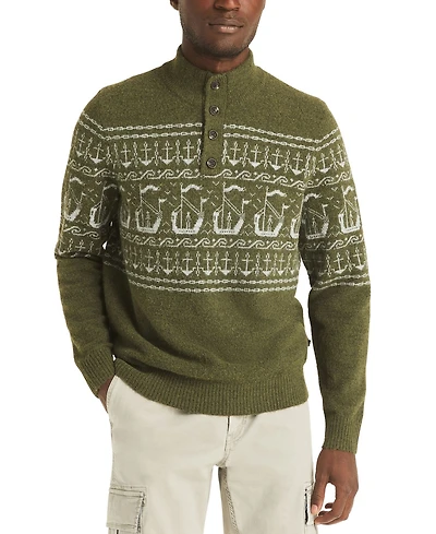 Nautica Men's Fairisle Button Up Mock Neck Sweater