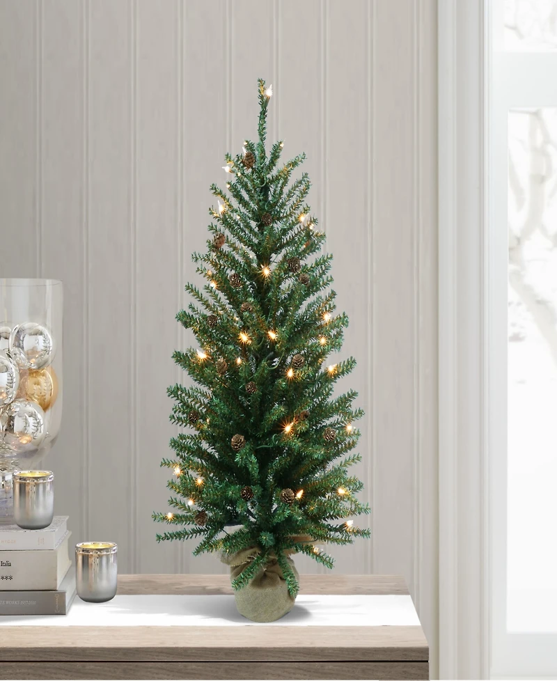 Puleo Pre-Lit Fir Artificial Christmas Tree with Pines Cones and 50 Lights, 3'