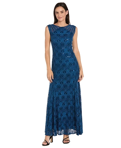 R & M Richards Women's Long Embellished Illusion-Detail Lace Gown
